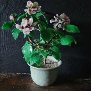 Vtg Glass Pink Flower Bonsai In Celadon Pot, Chinoiserie Flower, Asian 9 Inches